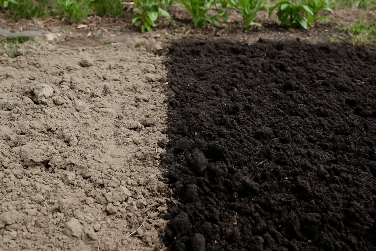 Garden soil before and after adding organic matter, showing darker color and better structure